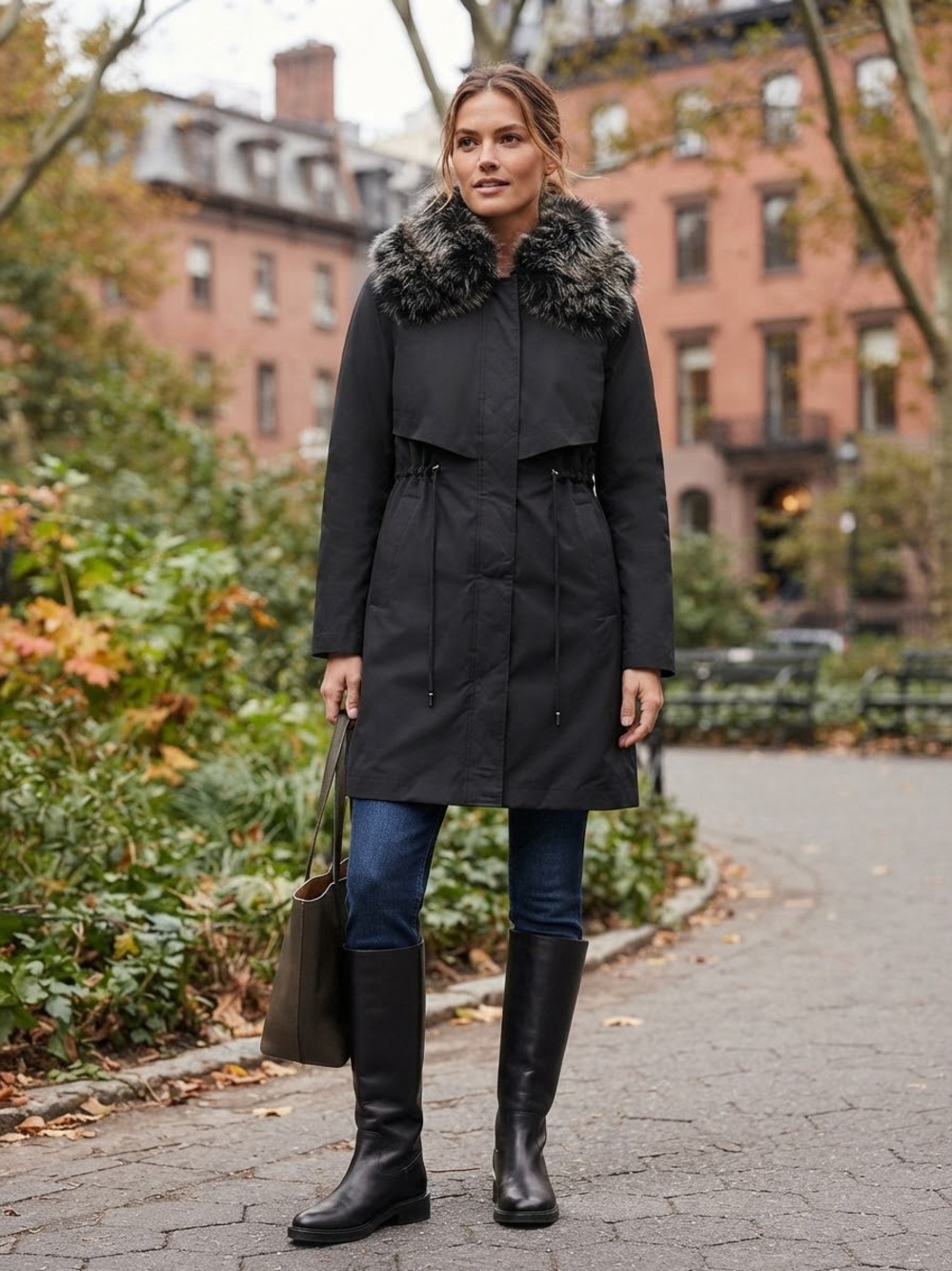 Womens Dark Navy Raccoon Fur Trim Parka Coat with Rabbit Fur Lining